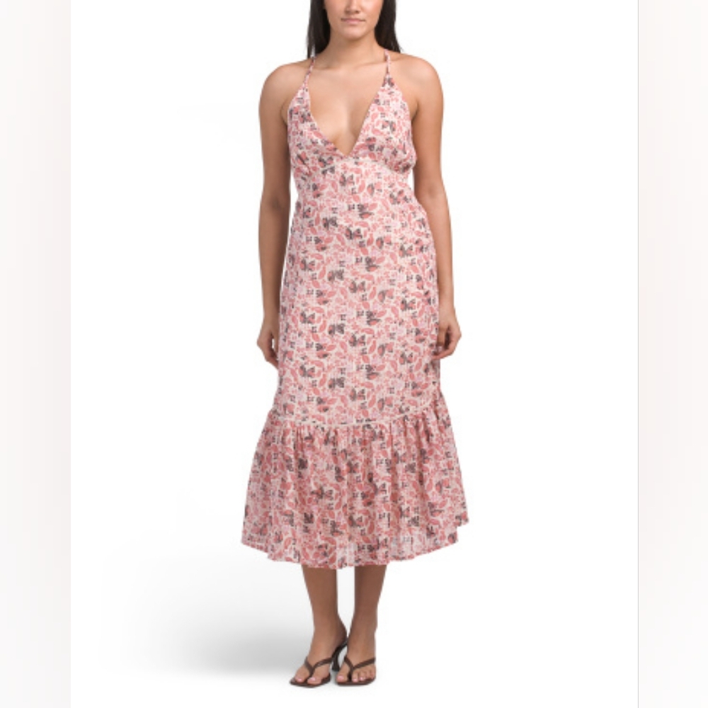 NWT - Gold Metallic Threaded Cris Cross Back "En Creme" Pink/Cream Midi Dress-M